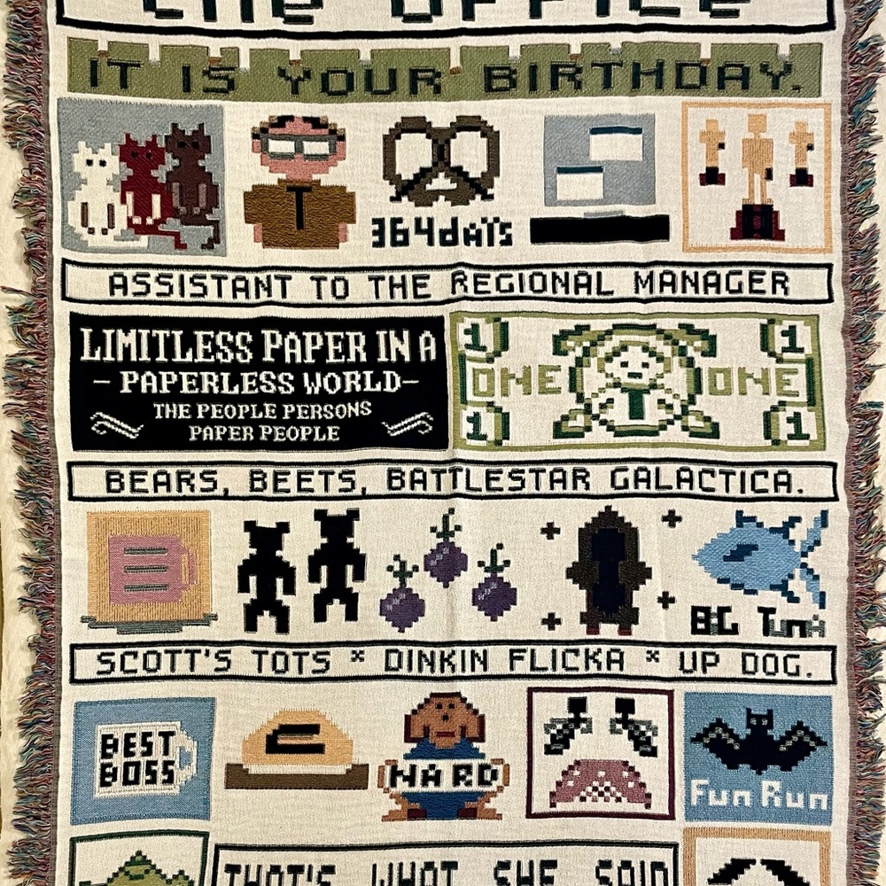 The Office 50x60” Woven Tapestry Fringe Throw Blanket Collage Sampler